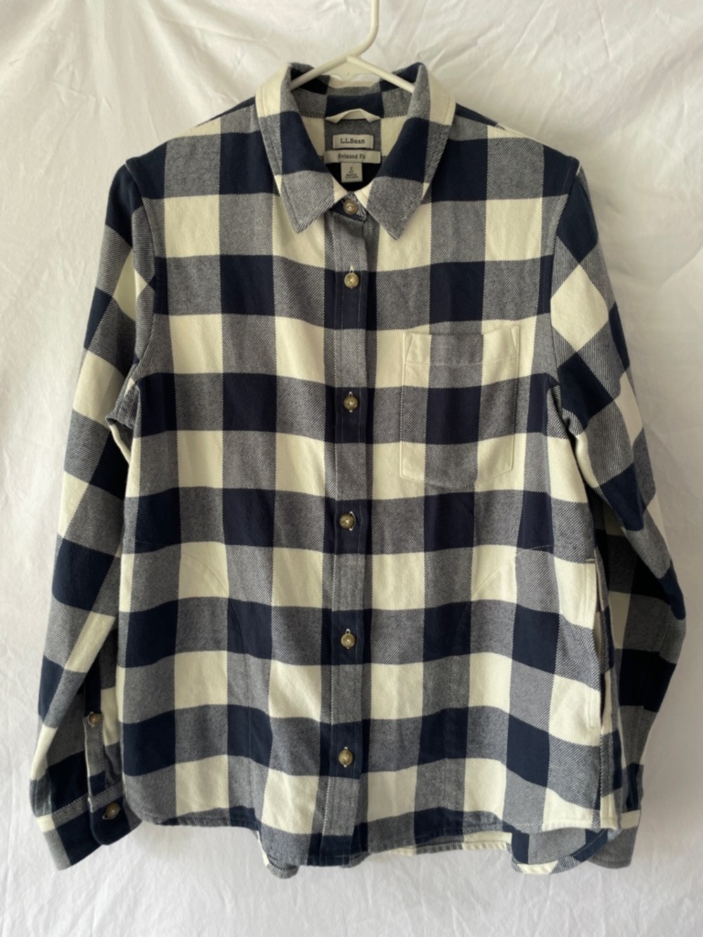 L.L.Bean Navy and Cream Buffalo Check Button-Up Shirt Mens S